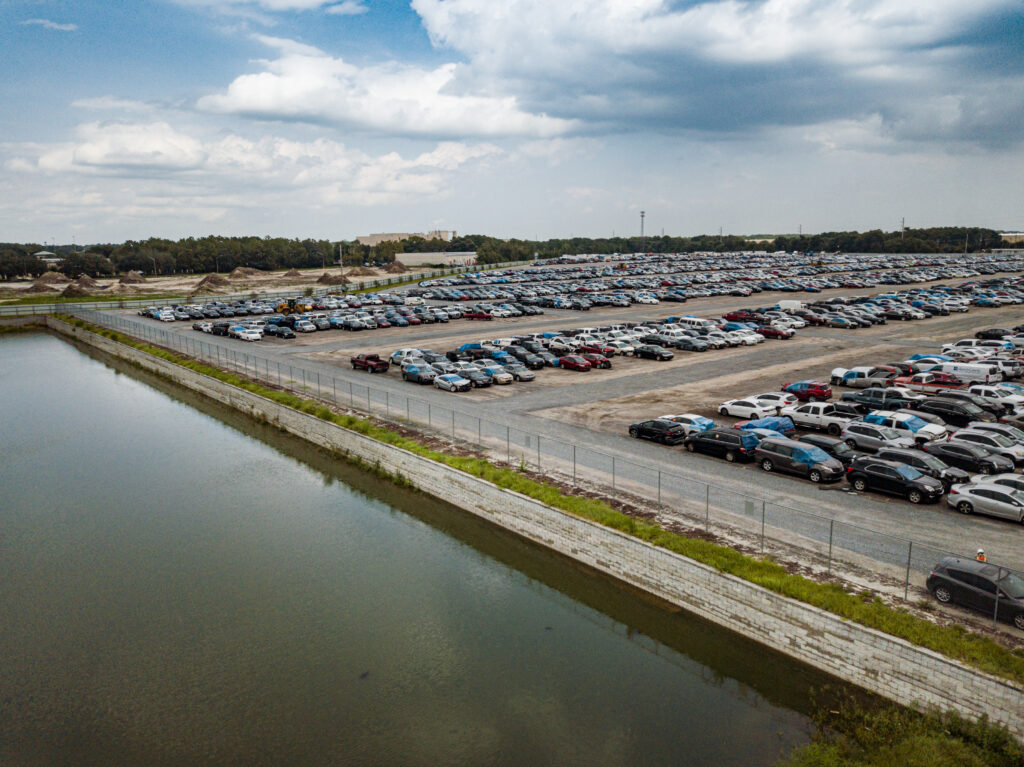 Parking lot and retention wall