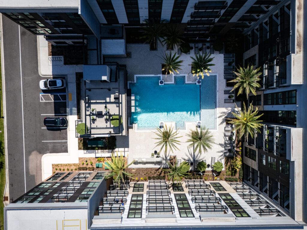 Aerial view of the pool at the Aston at Towncenter