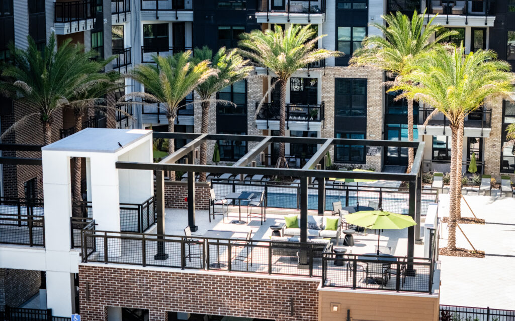 The pool and lounge area of the Aston at Towncenter