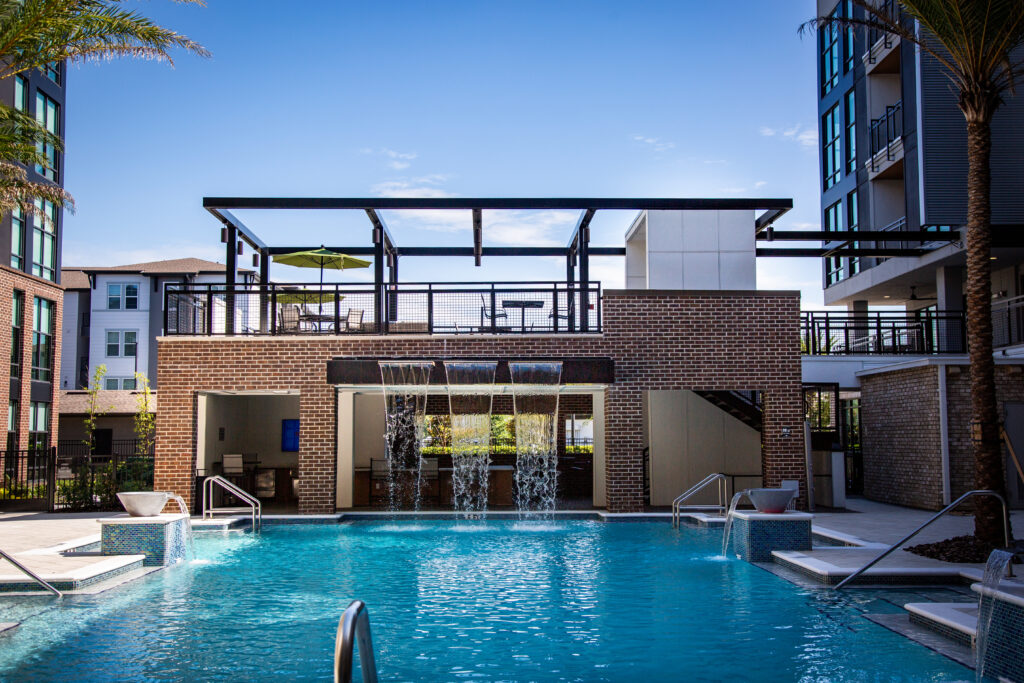 The pool with water features at the Aston at Towncenter