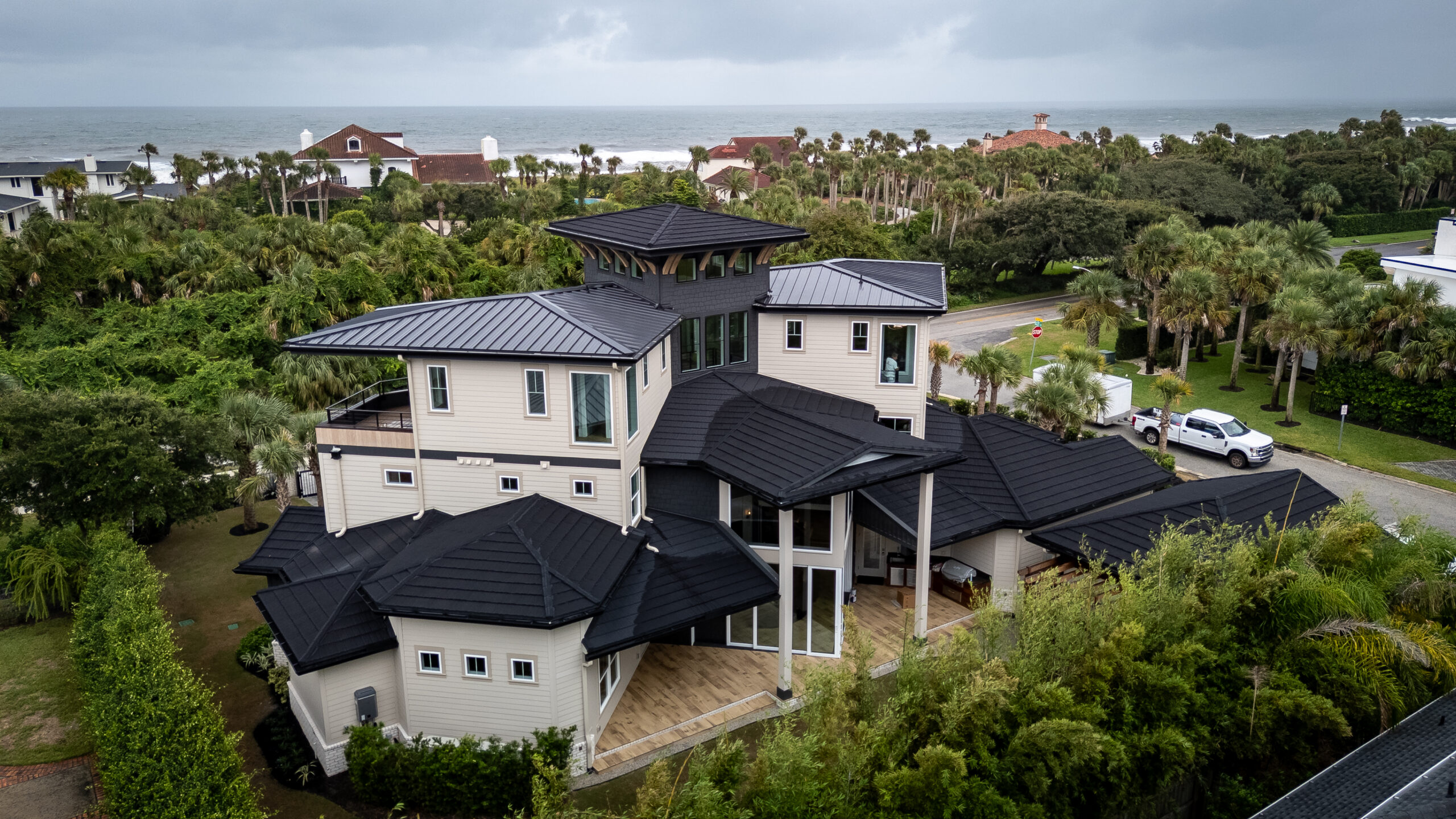 aerial view of the back of a new construction residential build